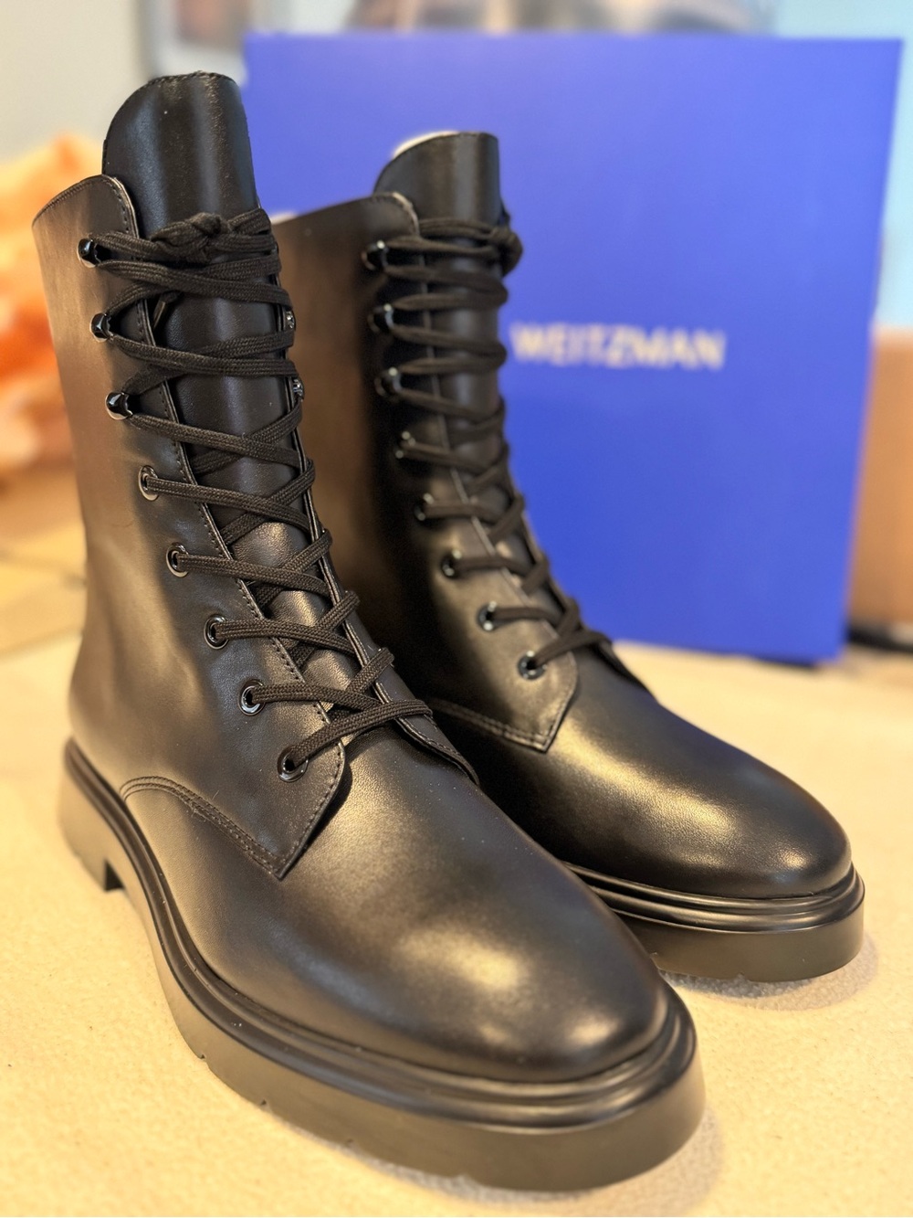 Stuart Weitzman Black Leather Lace-Up Platform Combat Boots